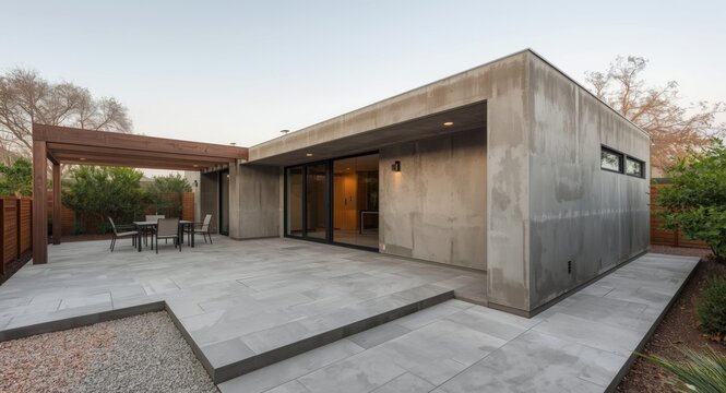Modern home addition renovation emphasizing unpolished concrete walls and floors prepped for tile work on deck patio and courtyard