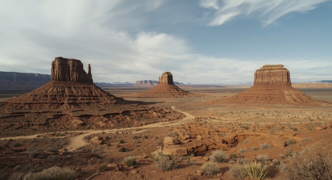 Impressive canyon scene with three mountains resembling classic homestead rondavel styles