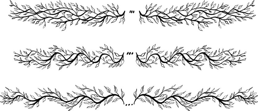 Tree branch leaves doodle ink text dividers. Whimsical page underline emphasis border elements with decorative leaf, summer floral. Hand-drawn foliage motif decoration. Vector text separator set.