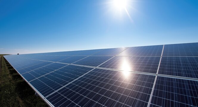Sunlight absorbing polycrystalline solar panels in a solar farm on a cloudless day with copy space