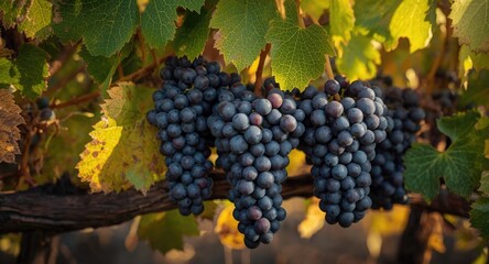 Fototapeta premium Vineyard grape clusters fully ripe among thick vine leaves
