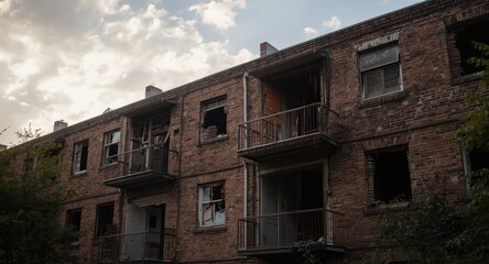 Brick housing complex with balconies and window damage suitable for renovation efforts