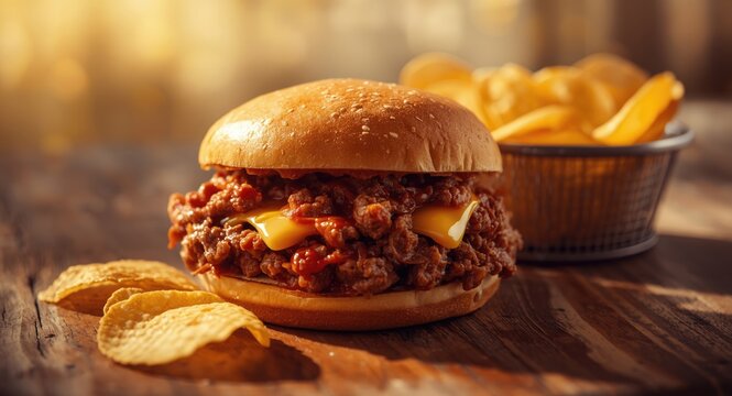 Delicious sloppy joe sandwich paired with crunchy chips for a tasty BBQ treat