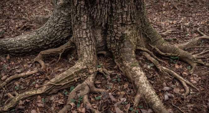 textured tree trunk and isolated root system on forest ground