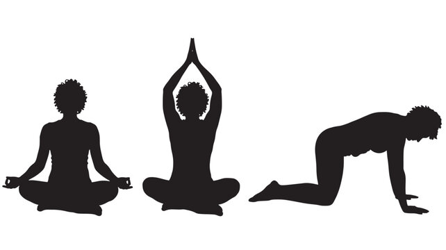 Yoga pose silhouettes set with seated meditation, hands overhead stretch, and tabletop posture, minimal black shapes isolated on white for fitness and wellness design