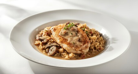Rice with mushrooms and lemon cream sauce paired with chicken fillet on a white serving plate