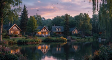 Obraz premium Tranquil lakeside neighborhood at dusk with cozy houses and lush vibrant nature reflections