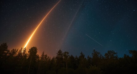 Majestic fireball and meteor shower brighten vast starry sky above towering forest canopy