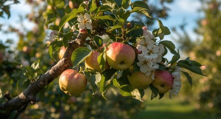 Seasonal apple fruits hanging from a vibrant flowering tree branch in orchard