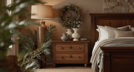 Rustic bedroom design showcasing hardwood furniture, nightstand with decorative vases, and natural plant elements