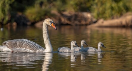 Swan parents and their young swimming side by side in a serene natural lake