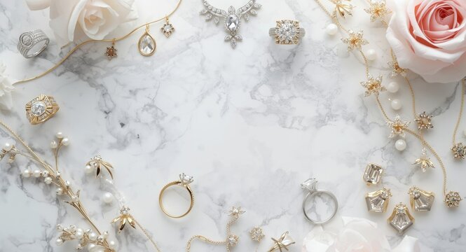 Wedding jewelry rings flatlay on marble background with elegant jewels and text space