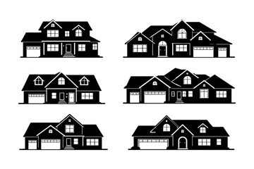 Collection of six black silhouette icons of suburban houses with garages.