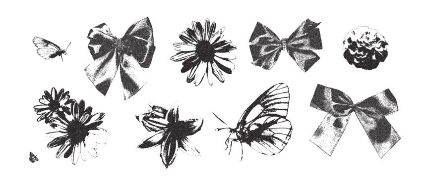 Photocopy stipple texture vintage bow and flowers. Butterflies, ribbon threshold collage effect. Gritty stippling black grunge girly summer elements. Vector y2k retro coquette shapes isolated no bg.