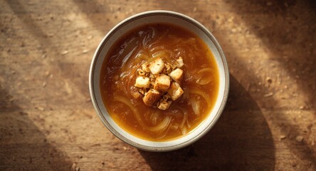 Slimmed French onion soup garnished with unseasoned croutons top view
