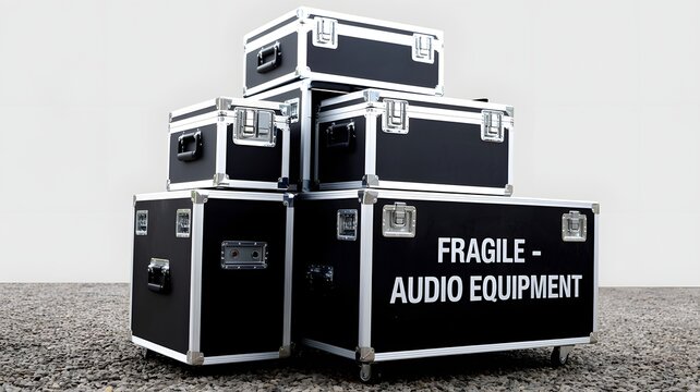 Stacked flight cases labeled fragile audio equipment, professional sound gear transport concept, music production logistics, touring setup, stage technology storage background