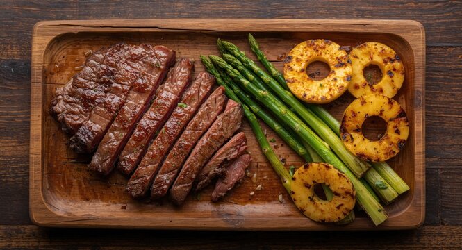 Top view of barbecue platter featuring dry aged wagyu tri tip steak, grilled asparagus, and caramelized pineapple slices on wood