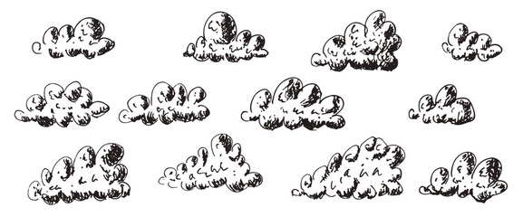 Clouds hand drawn set. Vintage doodle sketch sky. Retro ink pencil cloudskape. Vector illustration isolated on white background.