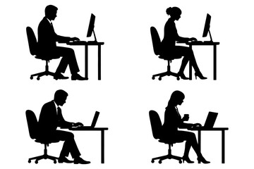 Fototapeta premium Silhouettes of office workers at desks with computers and laptops.