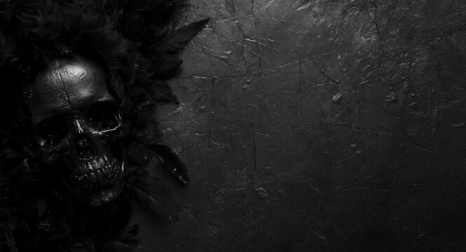 Dark feathered skull on textured black background with copy space for graphic overlay