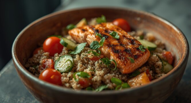 Refreshing quinoa and herb salad with grilled salmon fillets and fresh vegetables in a rustic bowl