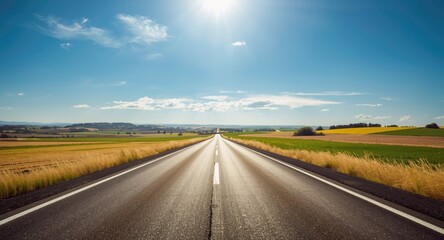 Fototapeta premium Straight highway cutting through vast agricultural land under a blazing sun