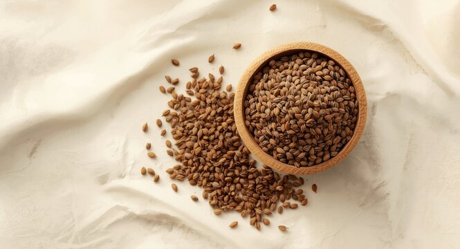 Organic ajwain carom seeds showcased in wooden bowl with white background highlighting spice and health uses