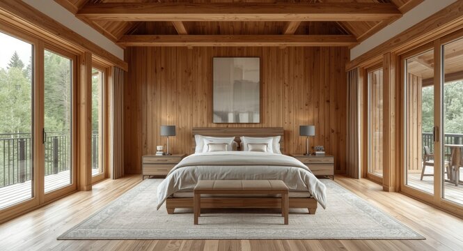 rustic timber bedroom design with double bed and vertical art piece beside panoramic glass window
