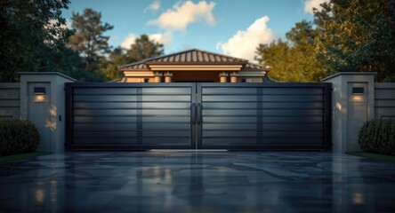 Obraz premium Sophisticated automated sliding gate at the front boundary of a modern villa