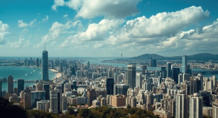 Obraz premium Extended city skyline capturing a vibrant coastal environment and skyscrapers