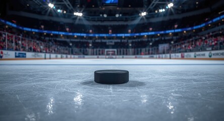 Cold illuminated polished ice rink showcasing hockey puck in a lively sports setting