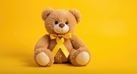 Teddy bear holding yellow ribbon displayed on bright yellow background showing child illness support