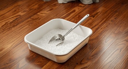 Essential pet care setup of a cat litter tray with crystal litter and scoop on wood floor