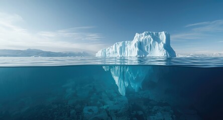 Striking blue iceberg resting in calm Arctic waters offering copy space and clear underwater perspective