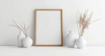 Minimalist styled interior showing wooden frame and white matte vases on smooth white backdrop