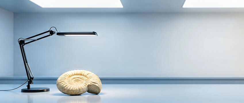 Spiraled ammonite fossil and black task lamp on a desk in a minimalist room. Prehistoric marine shell display with cool blue background and copy space. Wide banner