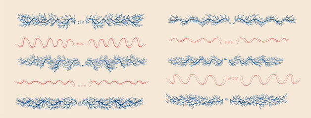 Wedding party invitation tree branch, ribbon text dividers. Mediterranean page underline menu emphasis border with decorative lace, leaf. Hand-drawn foliage Amalfi summer motif. Vector text separator.