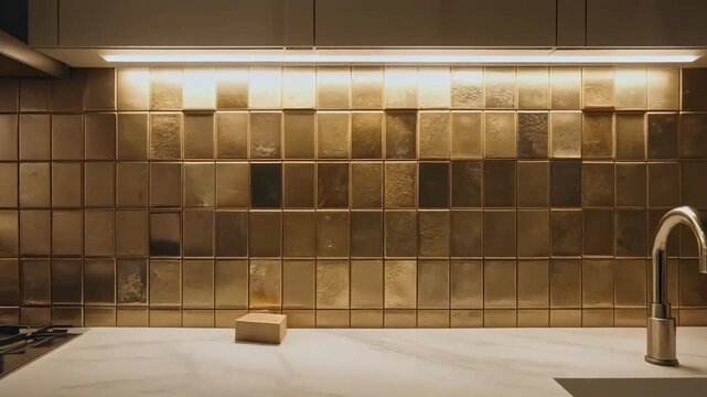 A modern brass kitchen features a stunning textured tile backsplash illuminated by warm under-cabinet lighting.