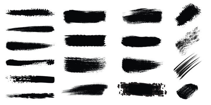 Grunge brush stroke set. Rough ink underline, banner and redaction brush texture vector pack.