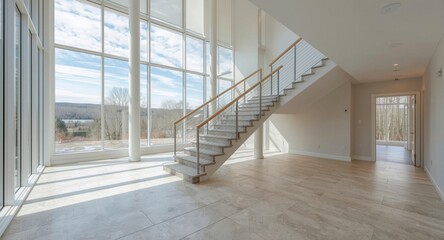 Obraz premium Open airy room with designer staircase and extensive window walls