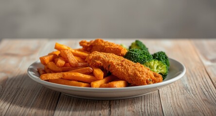 Sweet potato fries paired with breaded chicken tenders and fresh steamed broccoli