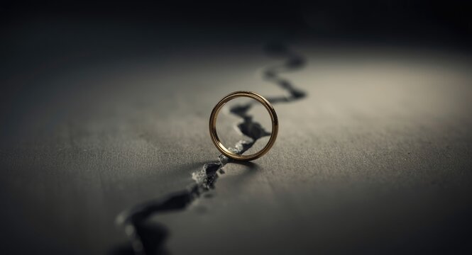 Metaphoric image of severed relations with one wedding ring distorted and faded connection
