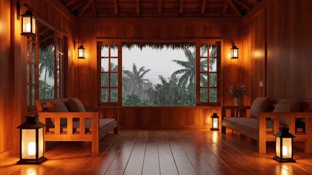 Cozy wooden veranda with lanterns and tropical view