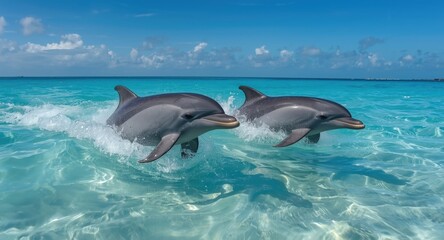 Naklejka premium Trio of bottlenose dolphins springing from clear blue water in lively motion