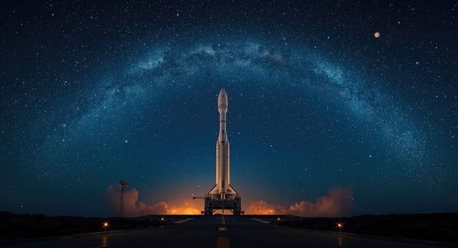 Night sky rocket launch featuring a multitude of shining stars