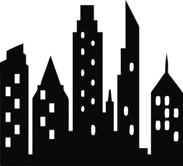 City silhouette at night with illuminated windows vector graphic representing urban life and cityscapes with distinct building structures