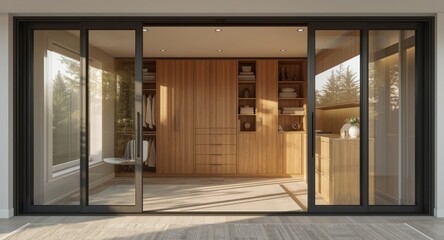 Morning sunlight illuminates a neatly kept walk in closet with contemporary folding glass doors and wooden storage and copy space