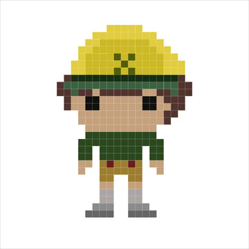 Vector pixel objects. Сolored boy in pixel game objects. Textures for 8-bit games. Stranger boy. Vector illustration EPS 10.