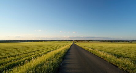 Obraz premium Open meadow landscape with a small road positioned centrally