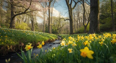 Peaceful forest landscape in early spring with blooming flora